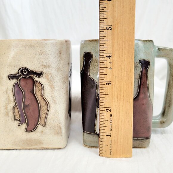 Handcrafted Stoneware Mugs Set Design By Mara Mexico With Chiles / Bottles - Picture 8 of 10